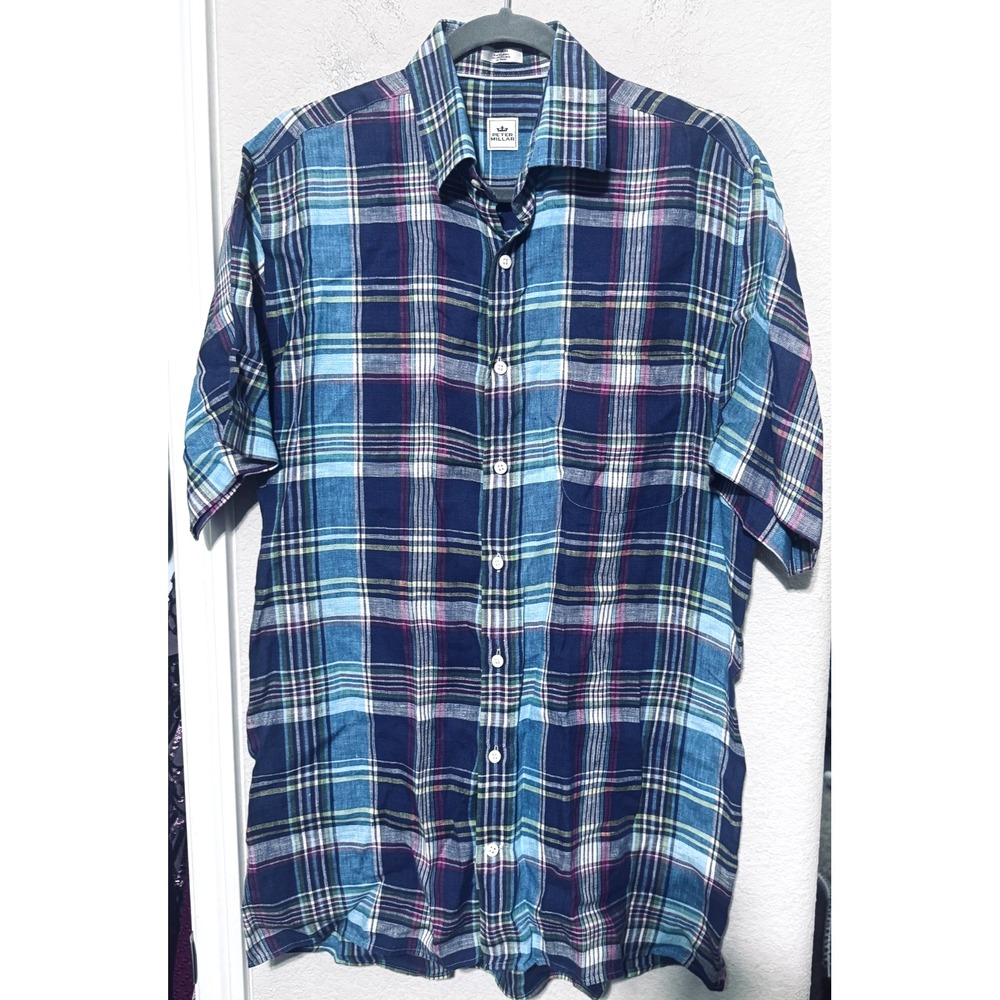 Peter Millar Shirt Mens M Blue Plaid 100% Linen Short Sleeve Button Up preppy